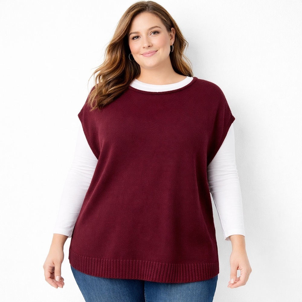 Lane Bryant Sweater Dolman Short Sleeve Wine Burgundy Roll Neck Hem 22/24